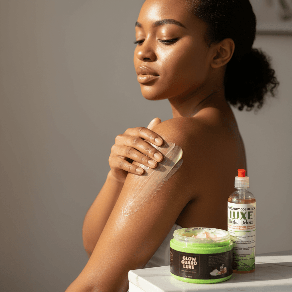 Woman applying Burgandy Glow Guard Luxe Butter